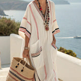 Dámské vyšívané šaty Boho Maxi Kaftan – letní styl s bílým červeným pruhem