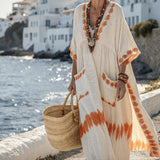 Dámské šaty Boho Tie-Dye Maxi Kaftan – krémově oranžový plážový styl