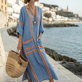 Dámské šaty Bohemian Maxi Kaftan – Džínovina Modrá Oranžová Trim Výstřih do V