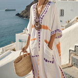 Dámské kravatové Maxi Kaftan šaty – bílá fialová oranžová plážový styl boho