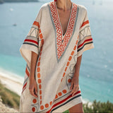 Dámská tunika Boho Kaftan Tribal Print – letní styl s béžově oranžovým výstřihem do V