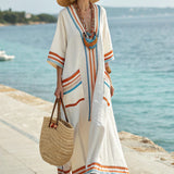Dámské pruhované šaty Boho Maxi Kaftan – Letní styl Ivory Orange Tyrkys
