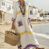 Dámské šaty Boho Tie-Dye Maxi Kaftan – bílo žlutá fialová letní styl