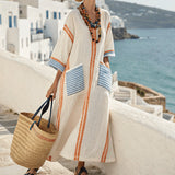 Dámské Boho Maxi Kaftan šaty s kapsami – krémově oranžově modrý letní styl