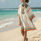 Dámský pruhovaný plážový přehoz Kaftan – Bílá Zelená Oranžová Boho Styl