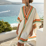 Dámské pruhované plážové šaty Kaftan – Ivory Orange Green Boho Style