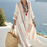 Dámské Boho Maxi Kaftan Šaty – Ivory Navy Coral Striped Resort Style