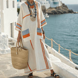 Dámské šaty Boho Maxi Kaftan – bílá oranžová modrá pruhovaný letní styl