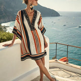 Dámské vyšívané šaty Boho Kaftan – krémově oranžový mini styl s výstřihem do V