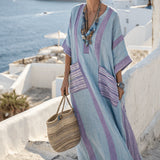 Dámské pruhované Maxi Kaftan šaty – modrý levandulový uvolněný letní styl