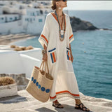 Dámské Maxi Kaftan šaty s kapsami – Bílá Oranžová Modrá Pruhovaný letní styl
